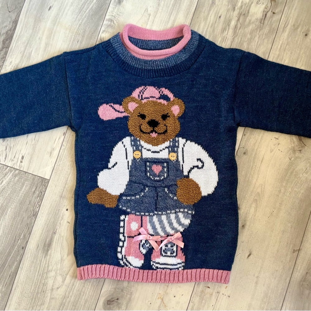 Vintage Charming Bear Knit Sweater for Kids - Navy and Pink